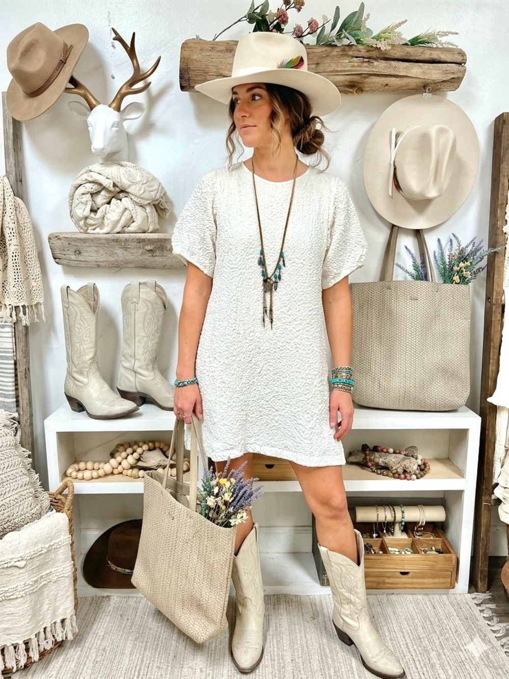 ZARA white textured short-sleeve shift boho dress/tunic w resort vacay vibe
